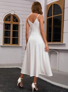 Women's Satin Camisole Embroidered Lace Waist Wedding Dress, Bridal Gown - White - View 2