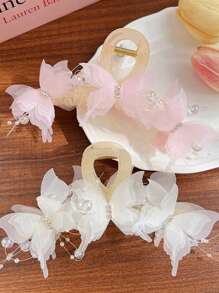 [节日配饰] 优雅蝴蝶发夹，镶有水钻和珠子 - 灵感来自 Y2K，美人鱼风格女士发夹 - 非常适合婚礼、浴室发饰 - 彩色 - 查看 3