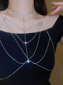 优雅银色锆石几何多层性感身体链，高端简约小众优雅全身比基尼锁骨链 - 銀色 - 查看 2