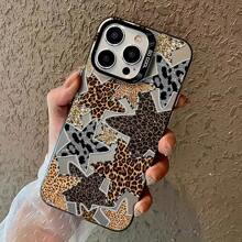 1 pieza Funda de teléfono con patrón de estrella pentagonal de brillo IMD y estampado de leopardo, compatible con iPhone 16 Pro Max, 15/14 Plus, 13, 12, 11, resistente al agua, a los golpes y a los arañazos
