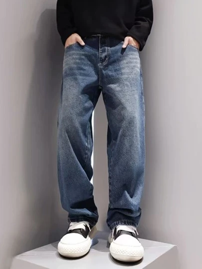 青少年男孩春秋水洗宽松直筒休闲牛仔裤