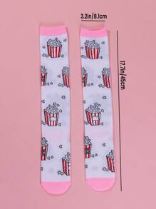 1 Pair Girls Knee High Socks With Popcorn Pattern, White, Cute & Fashion, Versatile For Party, Holiday, Festival, Casual, Sports, School Outfits, Spring New Arrival - White - View 5
