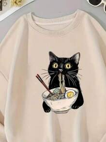 Fashion Cute Cat Print Sweatshirt Women Round Neck Sweatshirt For All Seasons