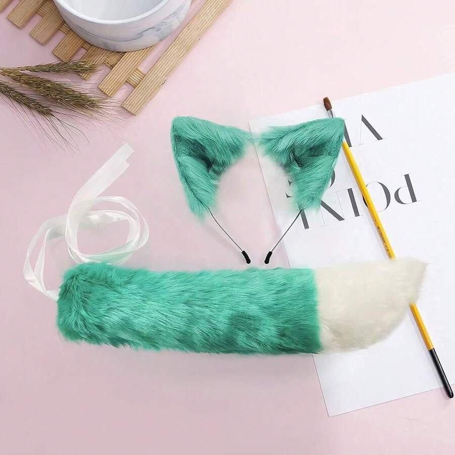 1 Set Fox Ear & Tail Accessory, Costume Cosplay Props, Cute Plush Gift Prom - Green - View 1