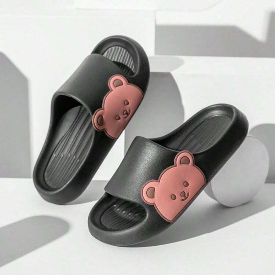 Women's Cute Bear Design Casual Slides, Lightweight Soft Bottom Slippers For Home/Bathroom, Non-Slip, Suitable For Summer, Couples - Black - View 1