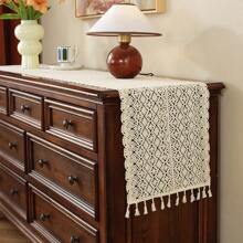 1pc American Country Style Handmade Lace Tassel Table Runner, Decorative For Kitchen, Wedding, Party, Living Room, Dresser
