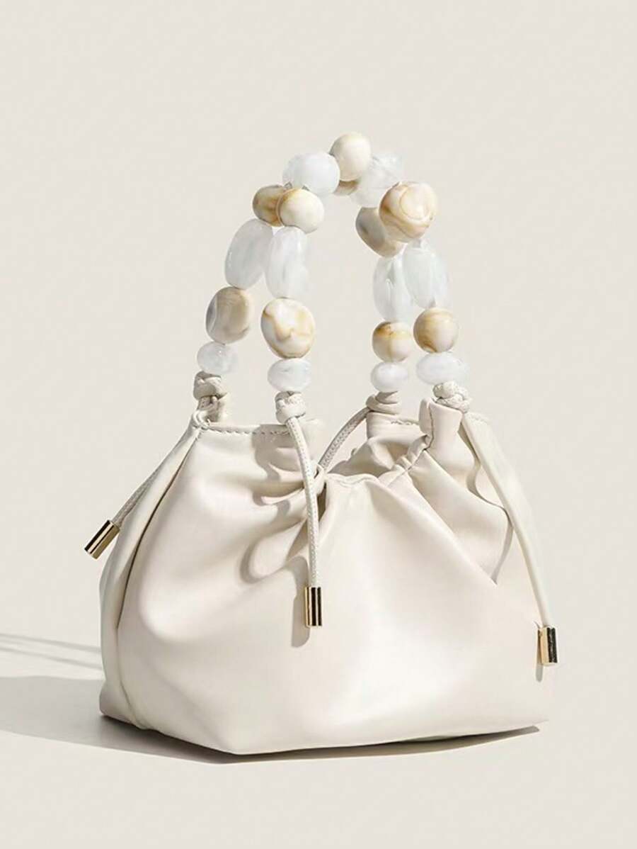 حقيبة يد لؤلؤية أحادية اللون بتصميم بسيط عصري 2024 الجديد، حقيبة كتف صينية بسلسلة بنمط كلاسيكي، حقيبة يد بمقبض علوي متجعد بتصميم راقي للحفلات للنساء - أبيض - مشاهدة 1