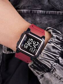 1pc Multifunctional Luminous Red Strap Square Dial Electronic Digital Display Men's Electronic Watch