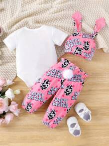 Baby Girls Easter Outfits Bunny Ear Letter Print Short Sleeve Rompers Easter Eggs Print Long Pants Hat 3Pcs Clothes Set Cool Girl - Hồng - Xem 4