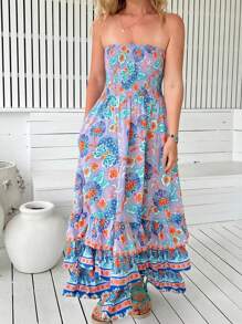 无袖紫色花卉印花分层荷叶边下摆口袋波西米亚风连衣裙，夏季 - 紫丁香色 - 查看 1