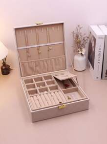 1pc High-End Luxury Chessboard Pattern Leather Texture Dual Layer Jewelry Box, Multi-Functional Jewelry Storage Box For Necklaces, Rings, Earrings, Bracelets, Daily Jewelry Storage