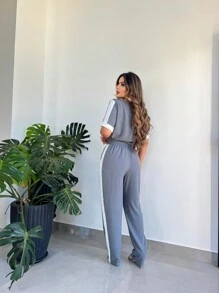 Conjunto Feminino Calça Pantalona e blusa manga curta Verão - Cinza - Visão 5