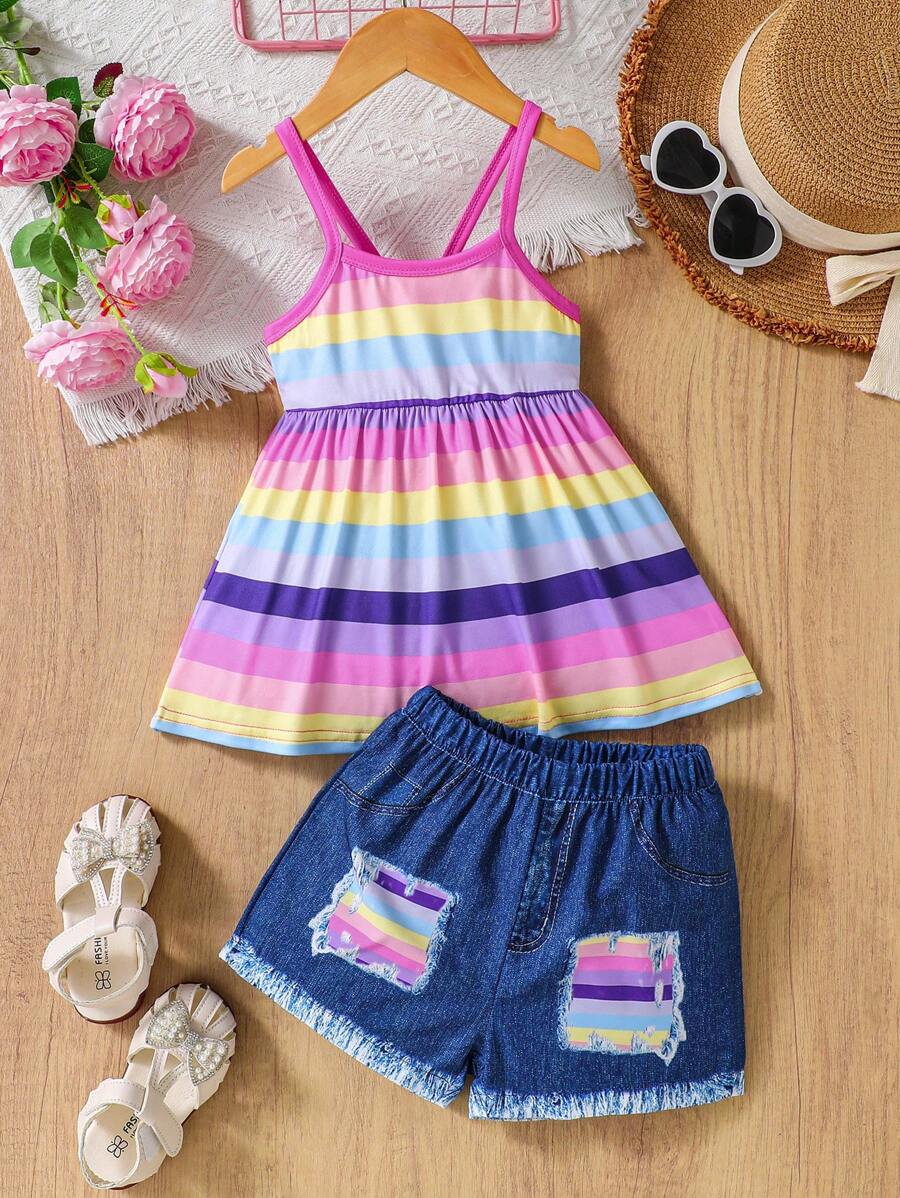 Rainbow Striped Cami Top And Denim Effect Printed Shorts Set For Young Girls - Purple - View 1