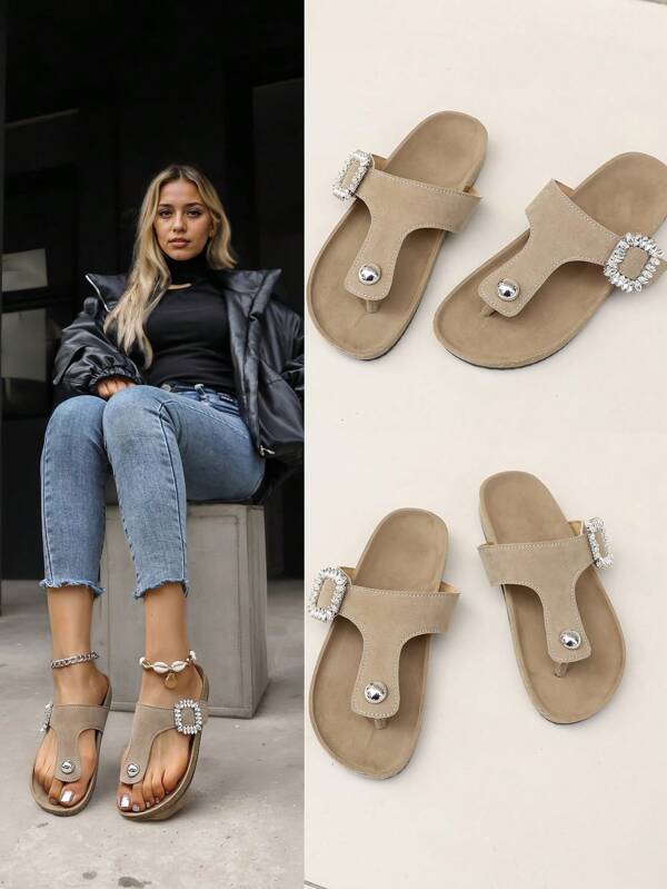 Papuci plati pentru femei, cu curele în T, decor cu strasuri, în stil de vacanță, sandale de plajă antiderapante