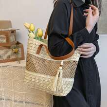 Women Large Capacity Tote Bag Fashion Trendy Tassel Beach Shoulder Bag Handbag for Travel Daily Shopping - Beis - Ver 6