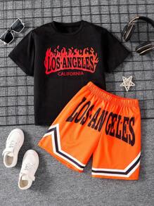 2 件套 Tween Boys 火焰与洛杉矶字母印花圆领短袖 T 恤和短裤套装，春夏
