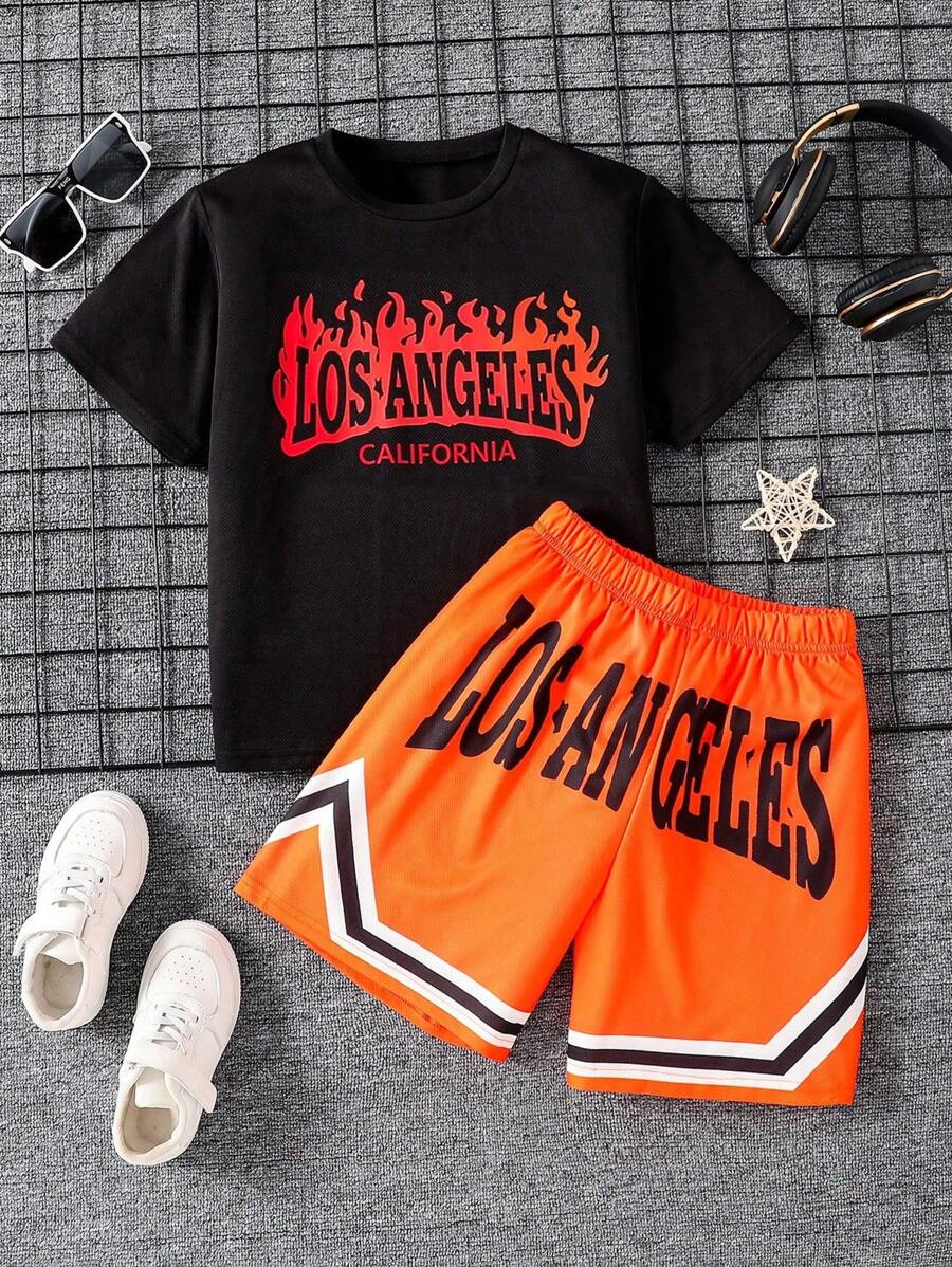 2 件套 Tween Boys 火焰与洛杉矶字母印花圆领短袖 T 恤和短裤套装，春夏
