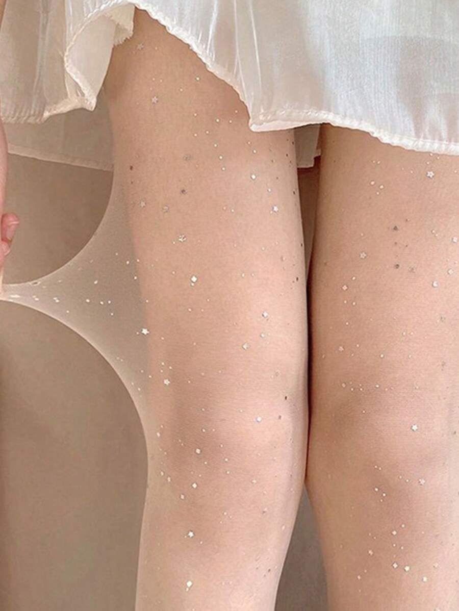 1 双女士连裤袜 女士高腰丝袜 透明紧身裤 修身丝袜 紧身裤 闪亮星星图案透明紧身裤