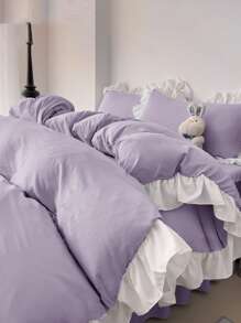 3pcs Purple Ruffled Bedding Set (1 Duvet Cover + 2 Pillowcases), Soft & Comfortable For Bedroom, Guest Room