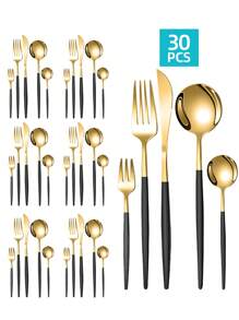 Stainless Steel Elegant Tableware Set, 5/20/30pcs Western Cutlery Set-Includes Dining Knives, Table Forks, Dining Spoons, Teaspoons, Dessert Forks, Forks For Salad/Appetizers/Dessert, And Mini Spoons For Coffee/Tea/Dessert/Cake/Stirring/Fruit/Ice Cream, Reusable Steak Knife, Main Fork, Soup Spoon, Teaspoon