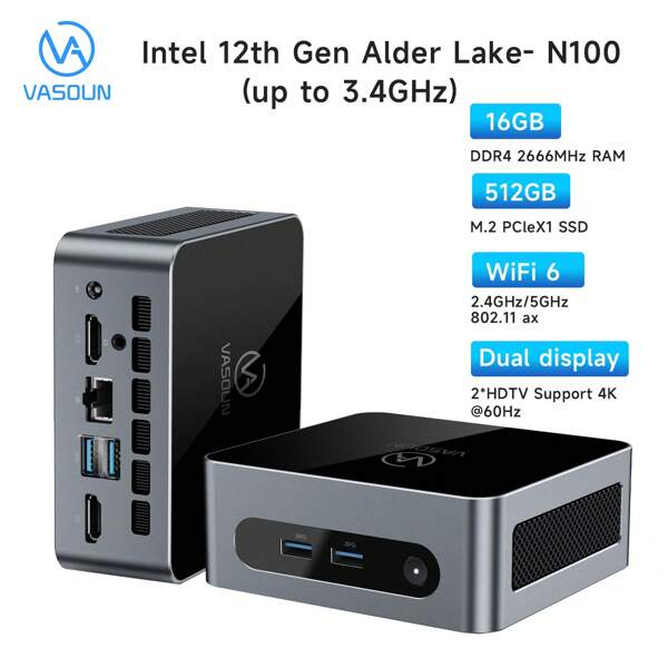 VASOUN M2 Mini PC, Intel N100 12th Gen 3.4GHz,512GB SSD 16GB RAM DDR4, Window 11 Pro Mini Computers, Dual WiFi/BT/Dual HDTV/Gigabit Ethernet/VESA / 4K UHD/USB 3.0/Support Up To 2TB SSD, Desktop Computers For Office Business Home