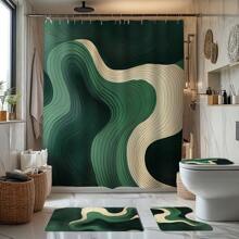 1/4pcs Green Wavy Theme Bathroom Set, Shower Curtain, Bath Mat, U-Shaped Toilet Lid Cover, Waterproof, Fashionable Curtain For Bathroom Decoration, Modern Style, Machine Washable Back To School
