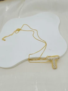 Colar de Charme com Pingente de Zircônia Decoração Letra T Colar Banhado A Ouro, Joias, Presentes