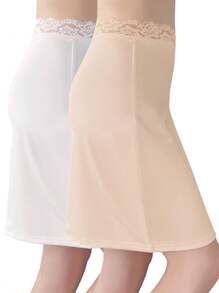 Elegant Lace Trim Solid Skirt, Side Split Half Slips Petticoat, Women's Underwear & Shapewear
