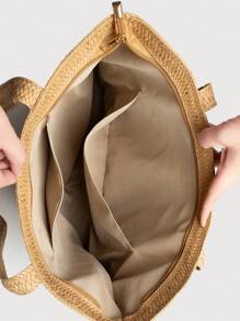 女士大容量草编沙滩手提包，带遮阳帽，适合度假 - 卡其色 - 查看 10