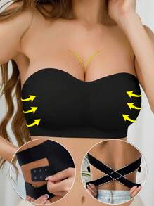 Seamless Push Up Bra Women Wireless Tube Top Underwear Strapless Criss-Cross Back Side Closure Bralette Black Basics Traceless Bandeau Brassiere Adjustable Backless Bandeau Intimates