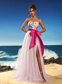 Anymoon Bustier Lace Embroidery Bow Decor Long Evening Dress, Formal, Party Dress, Gown, For Wedding Guest - Pink - View 4