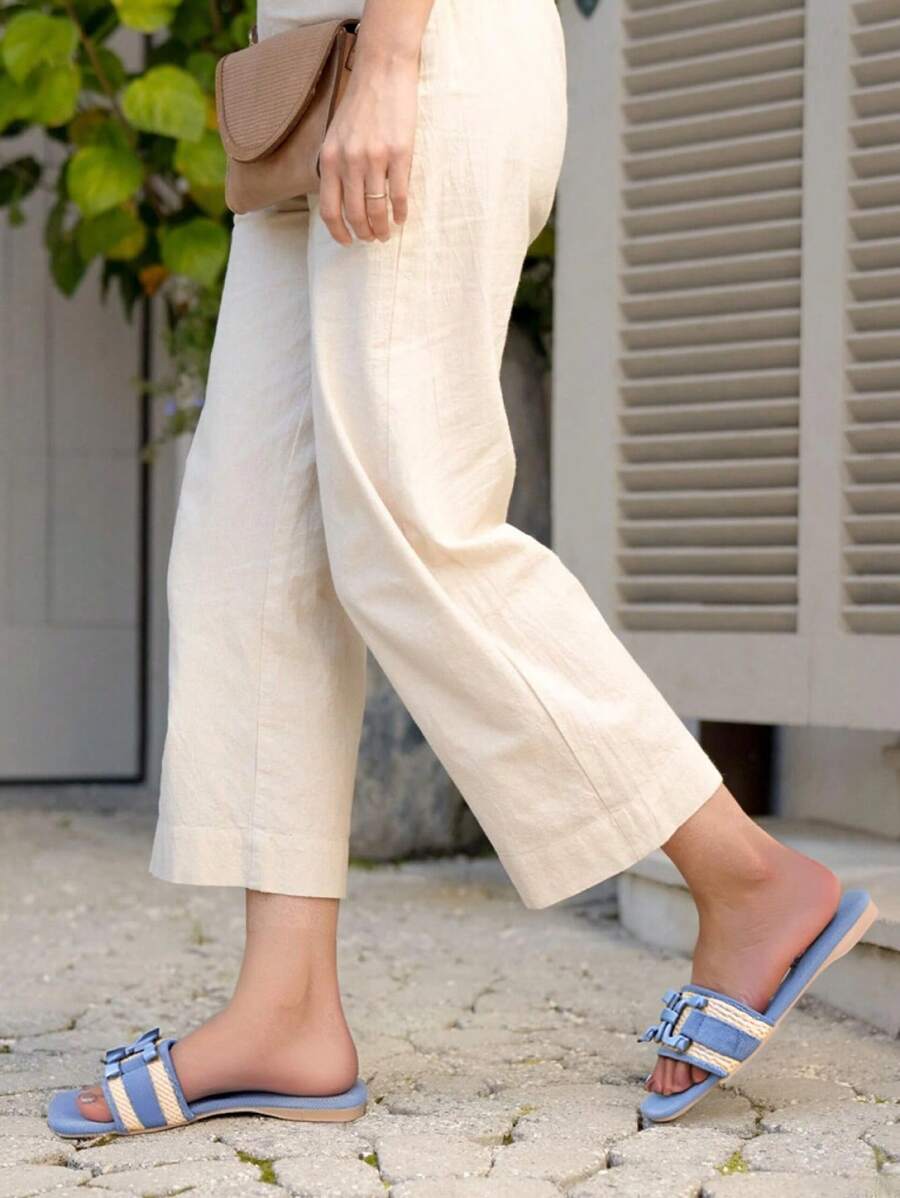Women's Korean Style Woven Roman Flat Slides - Summer Open-Toe Glitter Embellished Sandals With Bohemian Cross Strap For Beach, Casual & Dress Outfits In Beige/Black/Pink/Blue - 藍色 - 查看 1