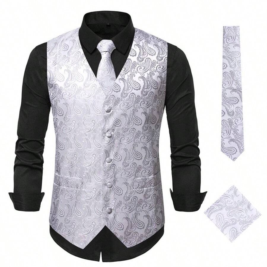 Men's Paisley Flower Vest Waistcoat, Sleeveless Formal Party Suit With Tie And Handkerchief