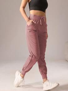 1pc Women Pleated Solid Color Casual Sport Style Pants - Dusty Pink - View 7