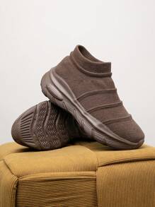 男士简约休闲一脚蹬运动鞋，纯色轻便透气缓冲鞋底防滑鞋，适合日常穿着和通勤，舒适一双 - 棕色 - 查看 5