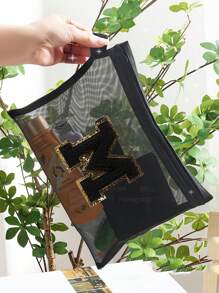 Black Mesh Bag, Large Capacity With Name Initials, Towel Embroidered Letters A-Z, Transparent Mesh Cosmetic Storage Bag, Multi-Functional Travel Portable Bag, Lipstick Skincare Product Storage Washing And Makeup Bag, Student Stationery Bag, Mesh Zipper Bag, Travel Cosmetic Packaging Storage Bag, Simple And High-End, Accessory Storage, Suitable For Dormitory Storage, Travel, Business Trip, Swimming, Home Storage Make Up Bag - Black - View 7