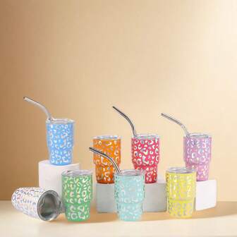 1 件迷你双层不锈钢保温杯，带吸管和盖子的金属咖啡杯套装，豹纹图案，是威士忌爱好者的完美礼物