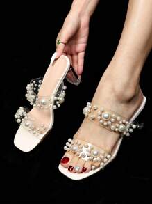 HanDuEke Dames hoge hak sandalen zachte transparante band slides, nieuwe zomer mid-hak kristal dikke hak elegante outdoor dragen sandalen