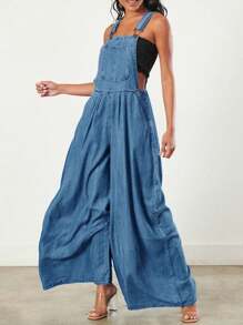 Denim Back Strap Wide Leg Jumpsuit Women Loose High Waist Draped Straight Jumpsuit - Medium Wash - View 2