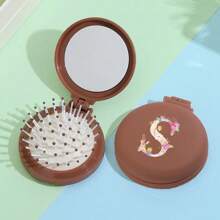 字母印花便携式迷你折叠发刷，配有集成镜子和头皮按摩功能 - 气囊垫，方便携带旅行 - 棕色 - 查看 17