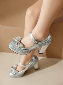 Sparkly Crystal Rhinestone Princess Mary Jane Party High Heel Shoes, Cute Bow Square Toe Thick Strap Pumps For Women