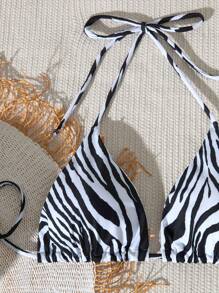 Zebra Print Tie-Up Halter Sexy Women Tankini Bikini Swimsuit - Black Zebra Print - View 4