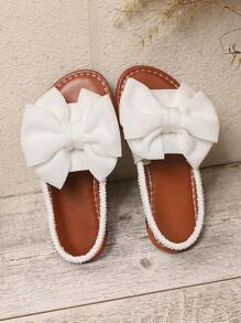 1 par de sandalias planas blancas de talla grande para niñas bebés/niñas pequeñas, con decoración de lazo de malla de unicolor, correa elástica en la parte trasera, punta redonda, suela antideslizante y ligera, estilo gladiador de moda para el verano, adecuadas para niñas de 3 a 15 años para uso diario, fiestas y viajes