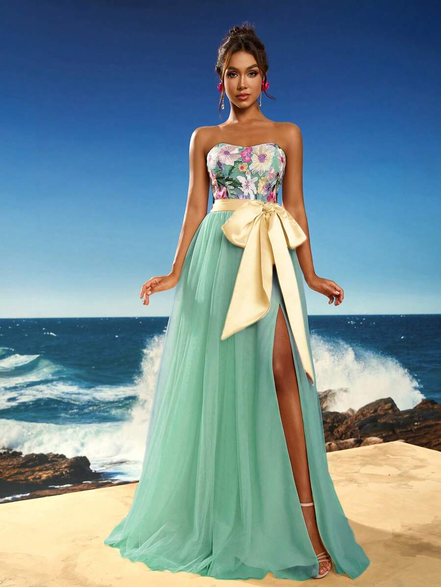 Anymoon 无肩带蕾丝贴花蝴蝶结装饰长款晚礼服、正式礼服、派对礼服、长袍，适合婚礼宾客 - 薄荷綠 - 查看 1