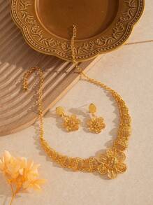 3pcs/Set 24K Gold Dubai Style Women's Fashion Jewelry, Saudi Arabia Star & Moon Necklace Set