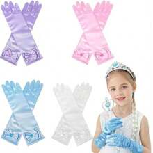 1 Pair Children Milk Silk Gloves With Crown & Magic Wand Set, Princess Style Satin Magical Gloves - Blue - View 4