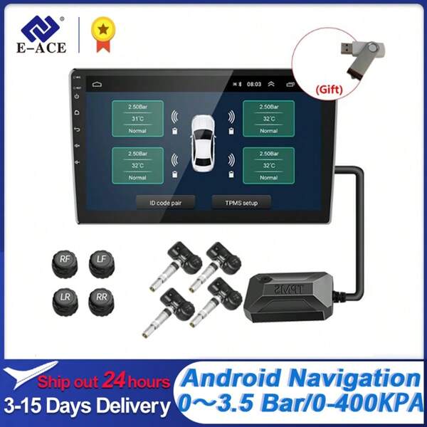 E-ACE Car Tire Pressure Monitoring System With 4 External And Internal Sensors USB Powered TPMS Digital Display Temperature Alert For Android Car Multimedia Systems