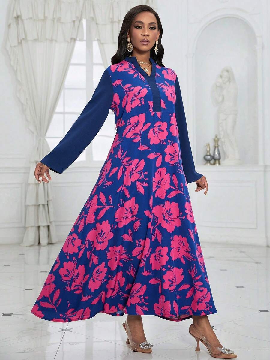 Spring/Summer Women's Retro Print Dress, Turkish Style Long Robe, Modest Kaftan - Multicolor - View 1