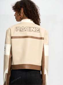 OUTTA BOX Women's Long Sleeve Zip Up Collared Patchwork Letter Embroidery PU Motorcycle Jacket