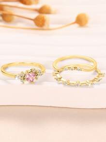 3pcs/Set Exquisite Y2K Pink Zirconia Rings Female Elegant Accessories For Engagement Gold Color/Silver Color Party Wedding Jewelry - Ring Set - View 5